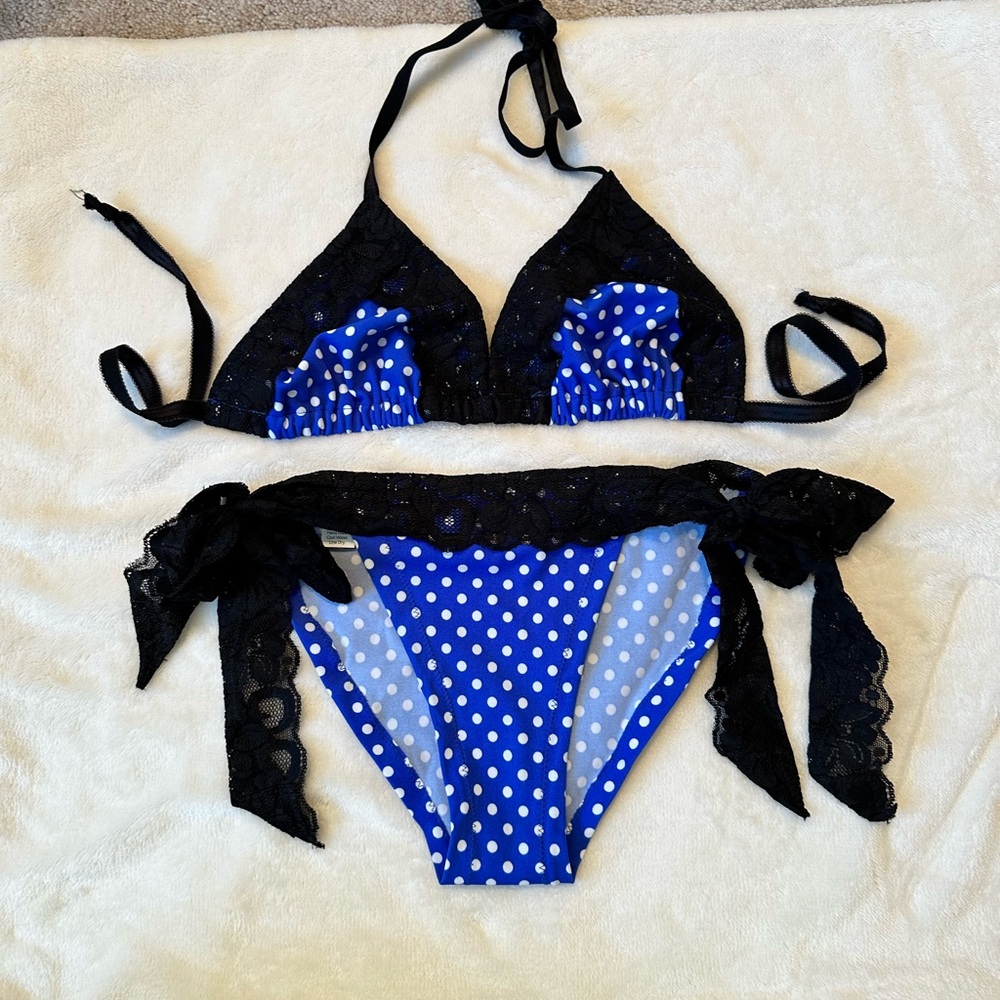 Blue Polka Dot Bikini with Black Lace